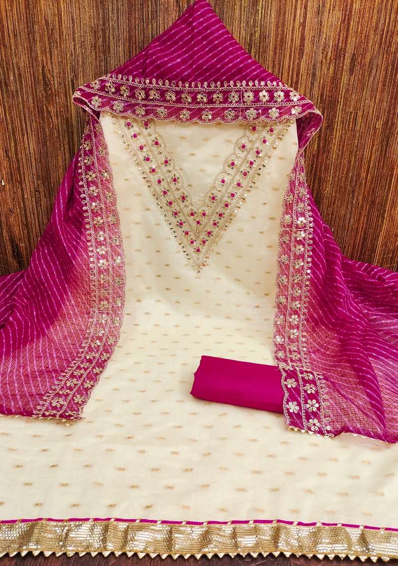 White Embroidered Silk Dress Material - Indya