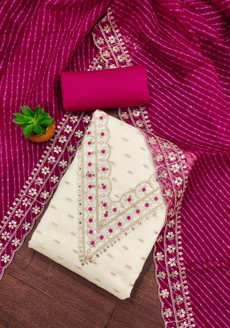 White Embroidered Silk Dress Material - Indya