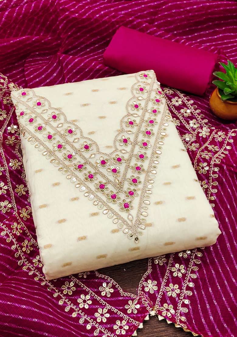 White Embroidered Silk Dress Material - Indya