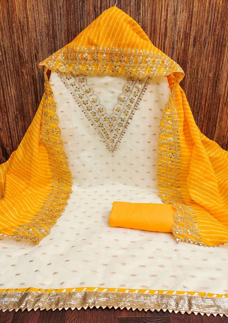 White Embroidered Silk Dress Material - Indya