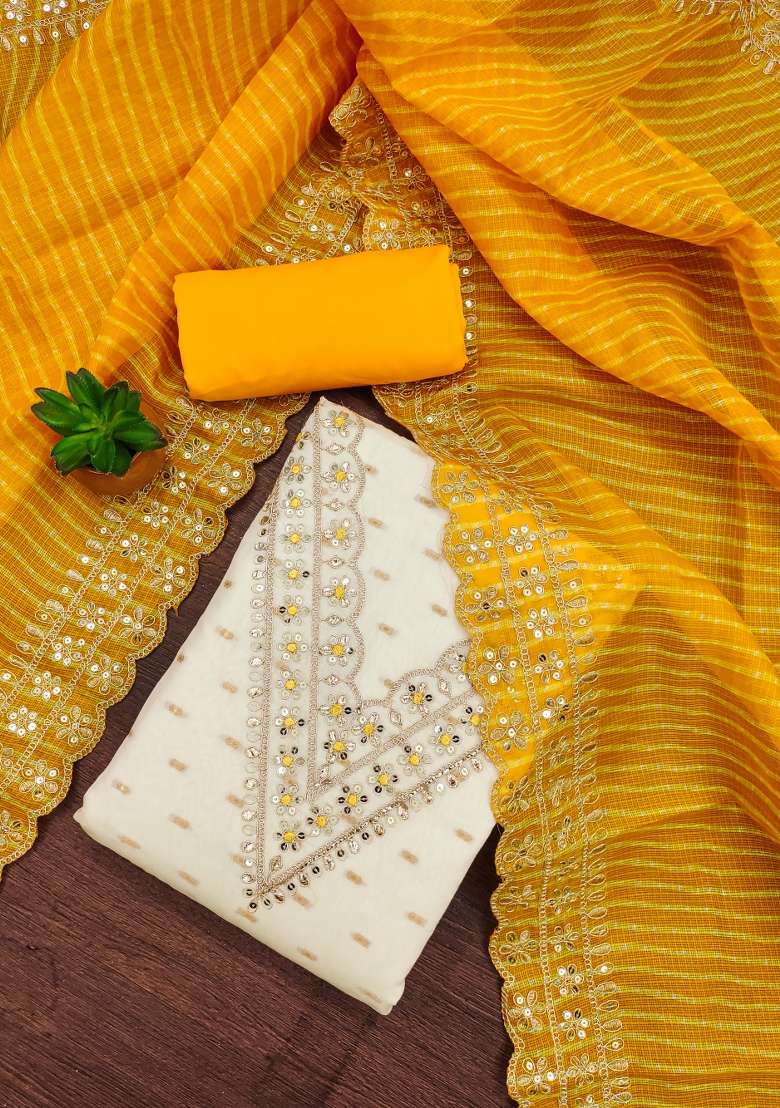 White Embroidered Silk Dress Material - Indya