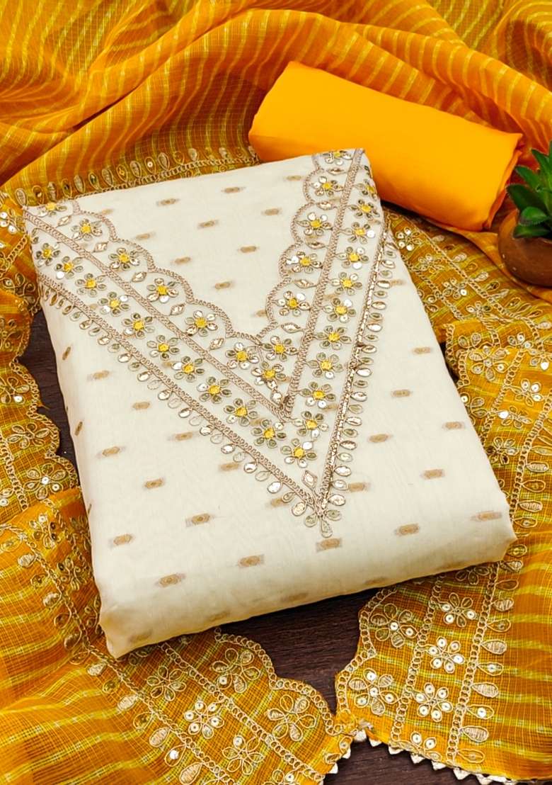 White Embroidered Silk Dress Material - Indya