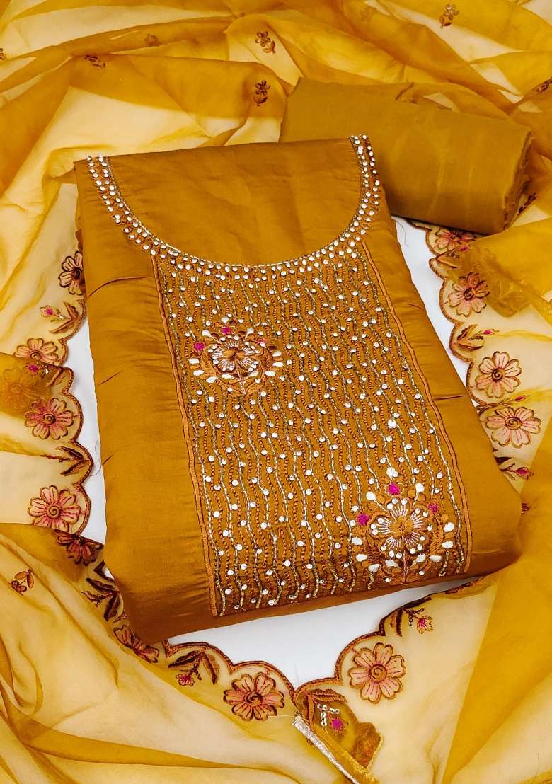 Mustard Mirror Work Silk Blend Straight Kurta Set - Indya