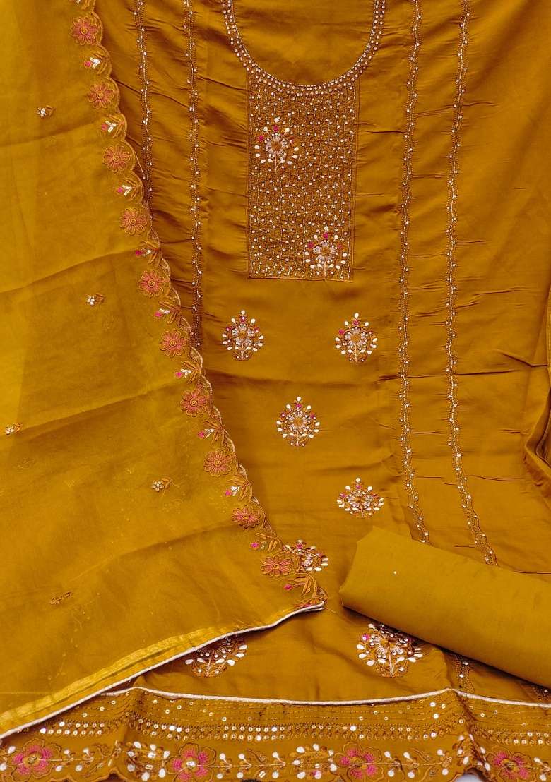 Mustard Mirror Work Silk Blend Straight Kurta Set - Indya