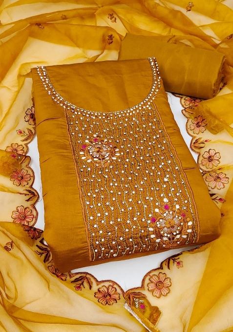Mustard Embroidered Silk Dress Material
