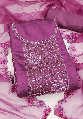 Purple Embroidered Silk Dress Material