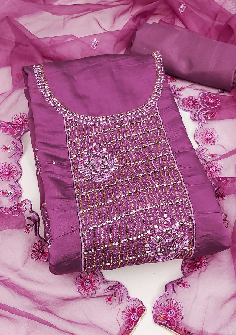 Purple Embroidered Silk Straight Kurta Set - Indya