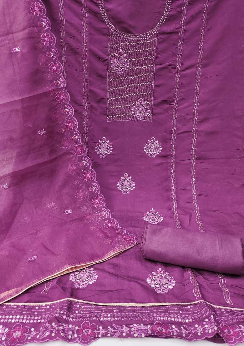 Purple Embroidered Silk Straight Kurta Set - Indya
