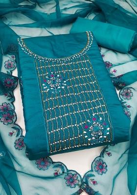 Teal Blue Embroidered Silk Dress Material