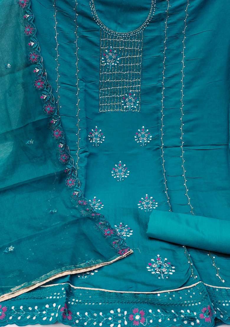 Teal Blue Embroidered Silk Blend Straight Kurta Set - Indya