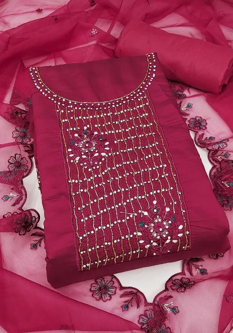 Magenta Mirror Work Silk Straight Kurta Set