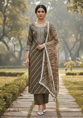 Olive Green Embroidered Silk Dress Material
