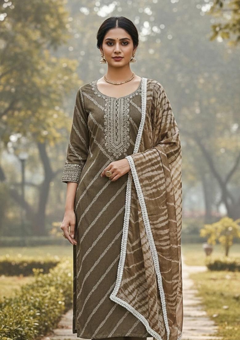 Olive Green Embroidered Silk Dress Material - Indya