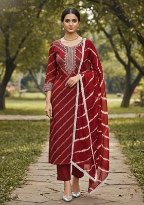 Red Embroidered Silk Dress Material