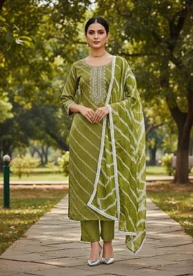 Lime Green Embroidered Silk Dress Material