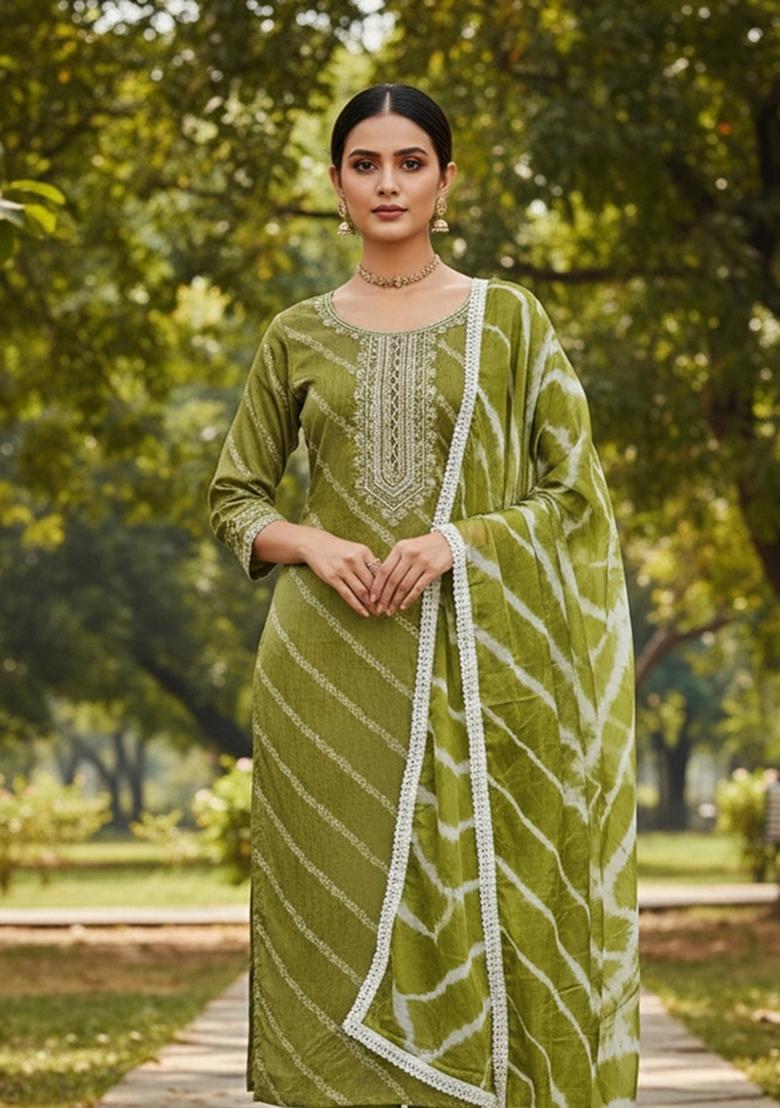 Lime Green Embroidered Silk Dress Material - Indya