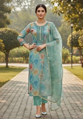 Sea Green Embroidered Viscose Dress Material