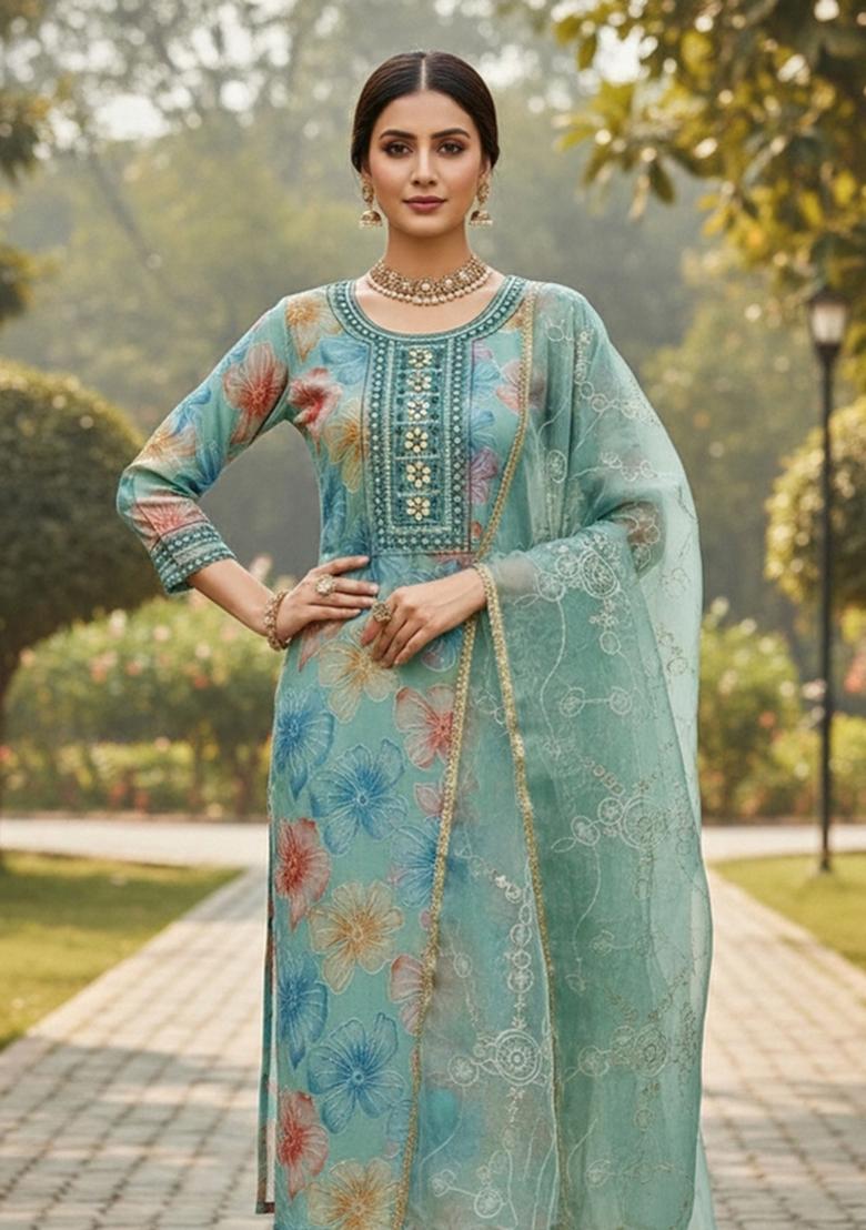 Sea Green Embroidered Viscose Dress Material - Indya