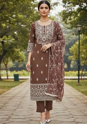 Rust Embroidered Viscose Dress Material