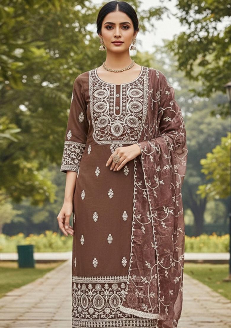 Rust Embroidered Viscose Dress Material - Indya