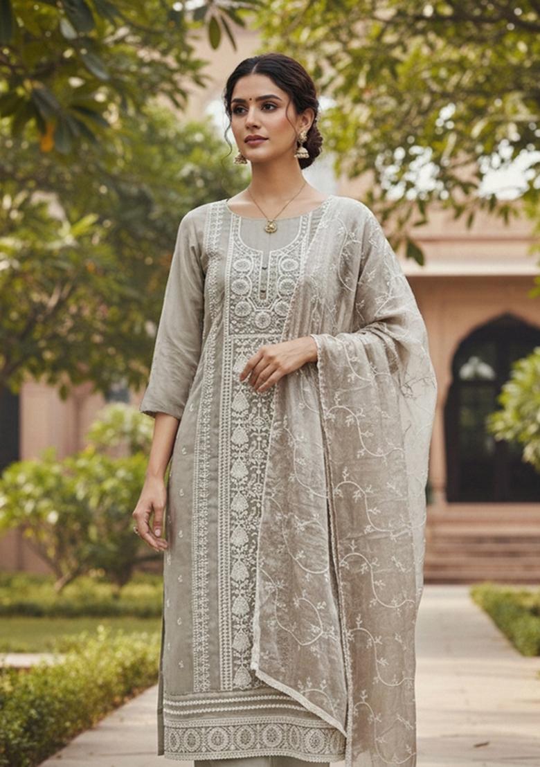 Light Grey Embroidered Viscose Dress Material - Indya
