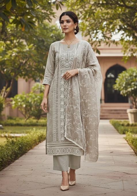 Light Grey Embroidered Viscose Dress Material