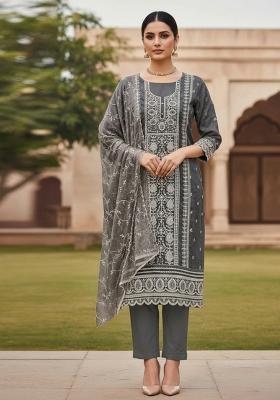 Dark Grey Embroidered Viscose Dress Material
