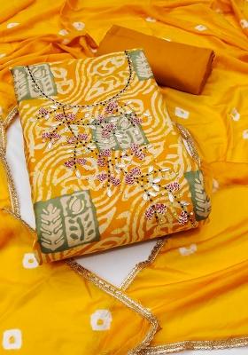 Yellow Embroidered Silk Dress Material