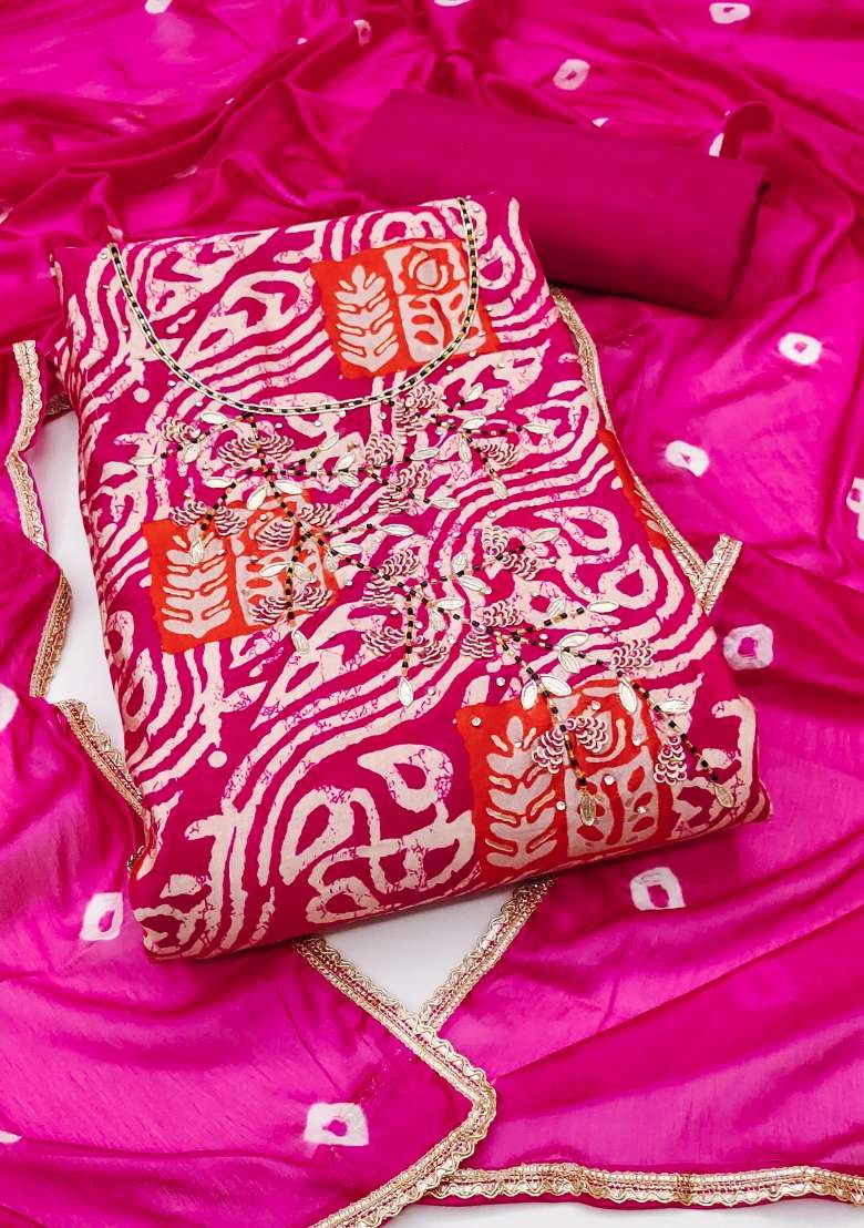 Pink Bandhani Silk Blend Punjabi Suit - Indya