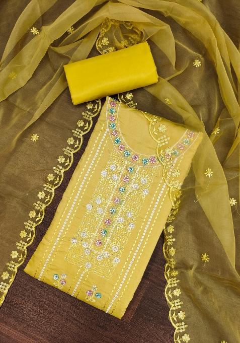 Yellow Embroidered Silk Dress Material