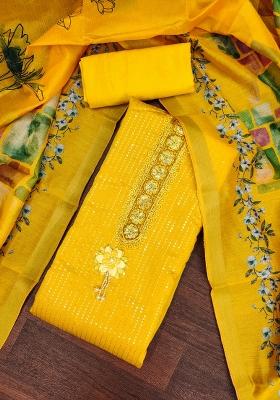Yellow Embroidered Silk Dress Material