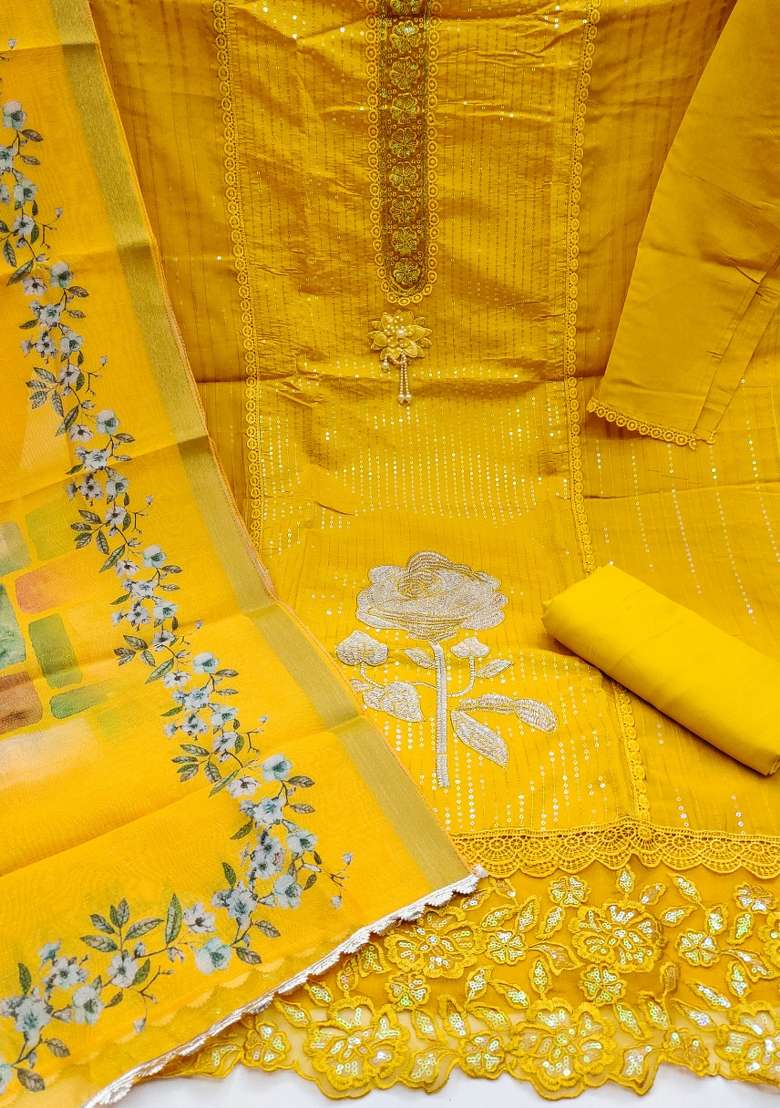 Yellow Embroidered Silk Blend Straight Kurta Set - Indya