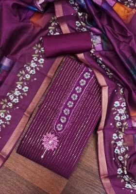 Voilet Embroidered Silk Dress Material