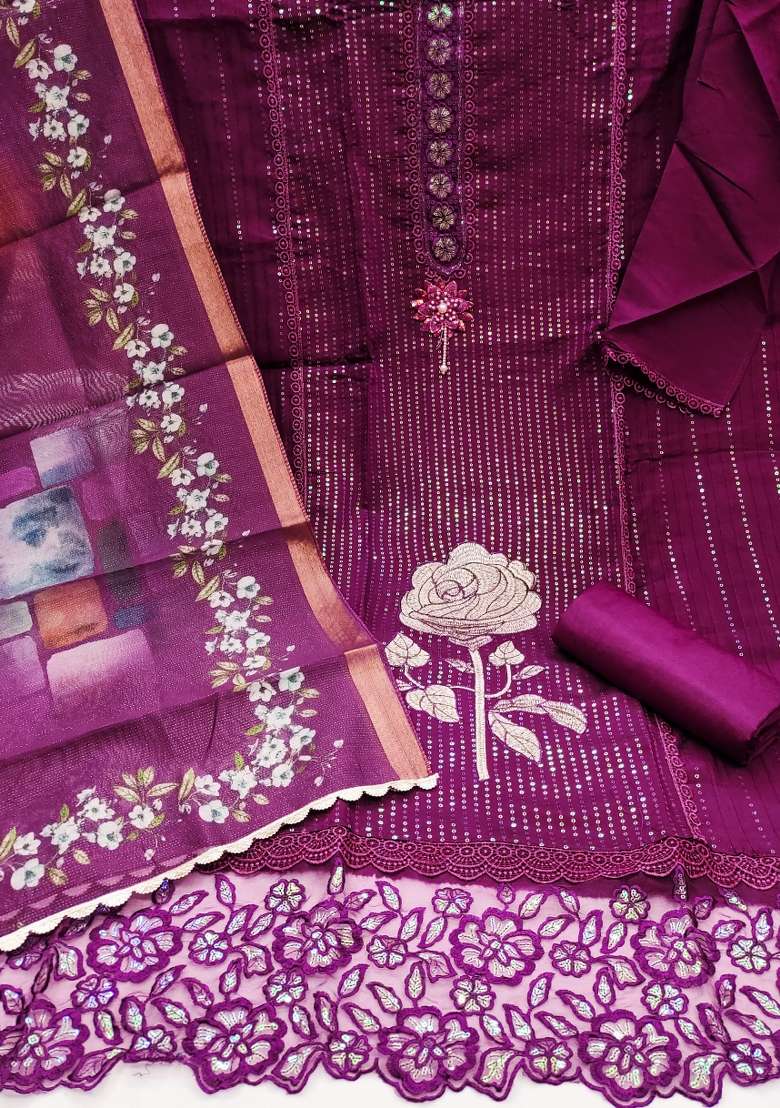 Voilet Embroidered Silk Blend Straight Kurta Set - Indya