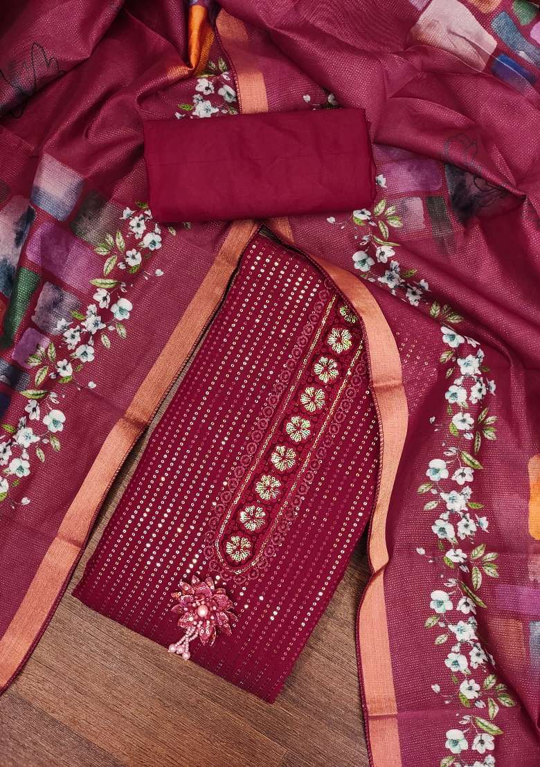 Maroon Embroidered Silk Blend Straight Kurta Set - Indya