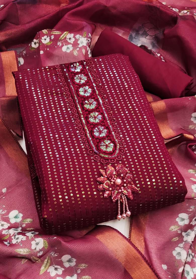 Maroon Embroidered Silk Blend Straight Kurta Set - Indya