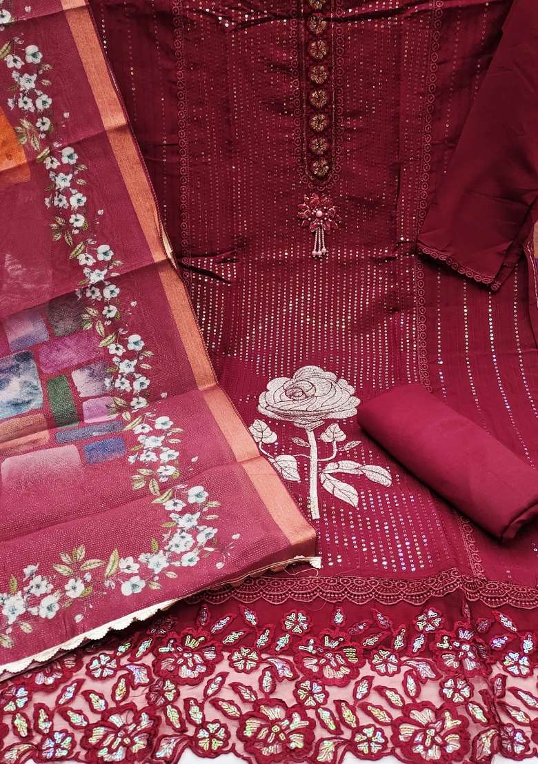 Maroon Embroidered Silk Blend Straight Kurta Set - Indya