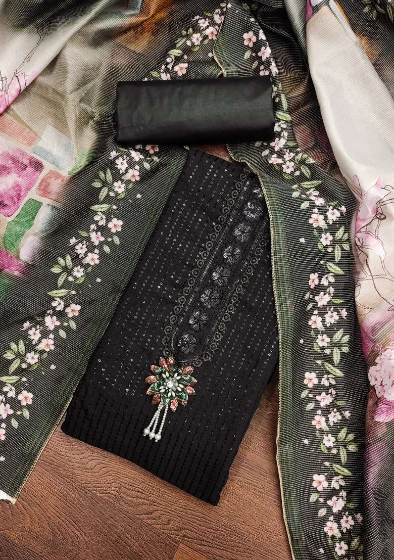 Black Embroidered Silk Blend Straight Kurta Set - Indya