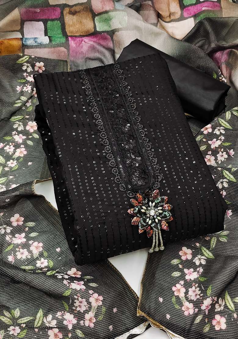 Black Embroidered Silk Blend Straight Kurta Set - Indya