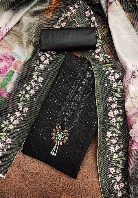 Black Embroidered Silk Dress Material