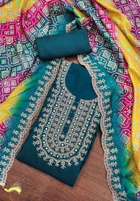 Teal Blue Embroidered Silk Dress Material