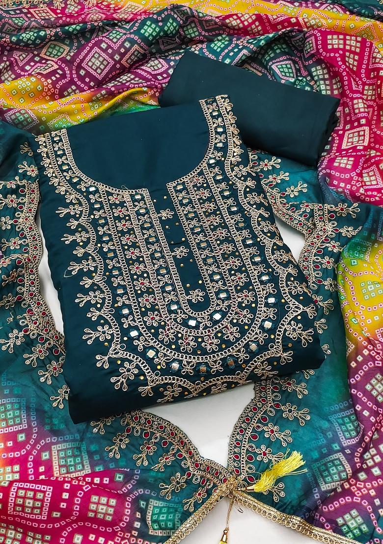 Teal Blue Embroidered Silk Dress Material