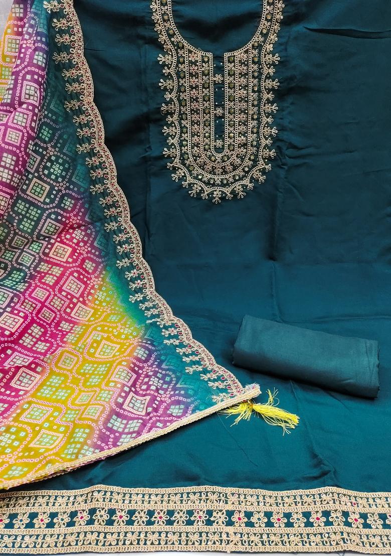 Teal Blue Embroidered Silk Dress Material