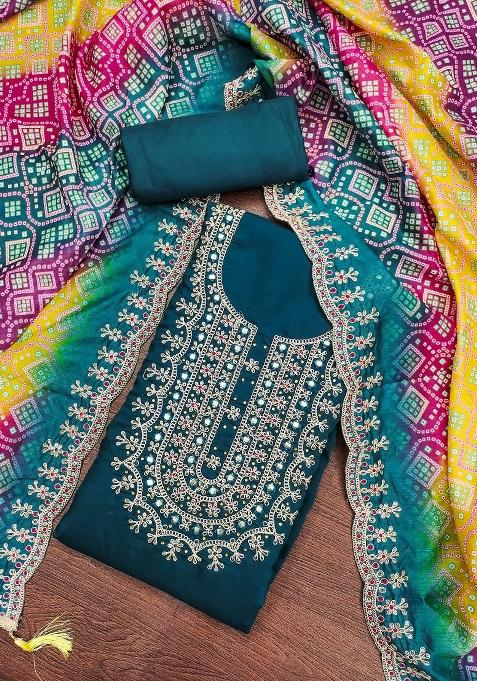 Teal Blue Embroidered Silk Dress Material