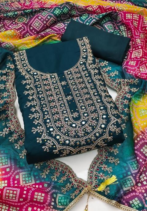 Teal Blue Embroidered Silk Dress Material