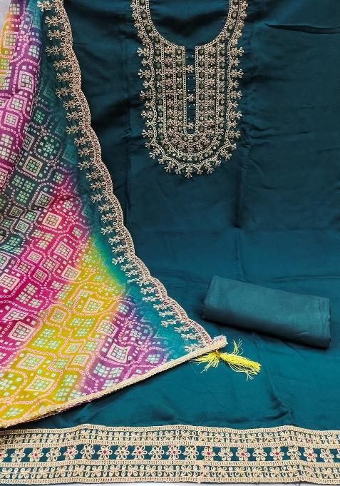 Teal Blue Embroidered Silk Dress Material