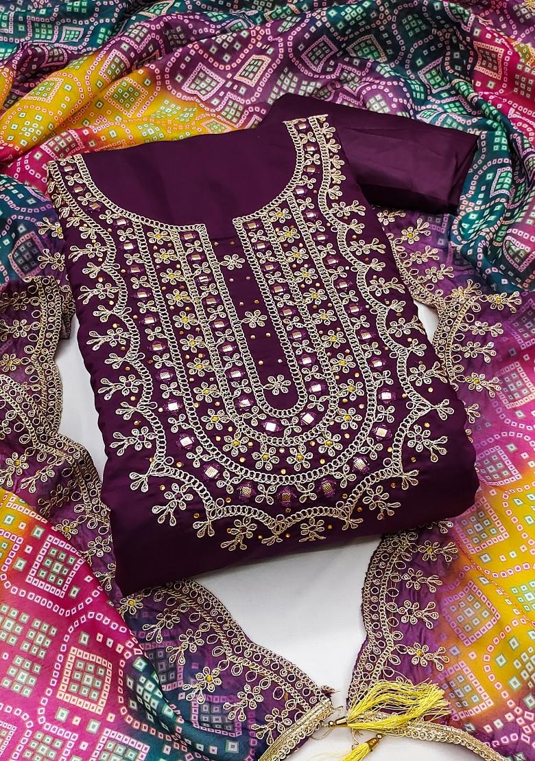 Voilet Embroidered Silk Dress Material