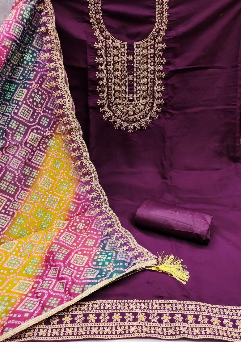 Voilet Embroidered Silk Dress Material