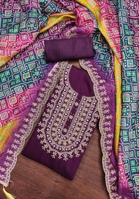 Voilet Embroidered Silk Dress Material