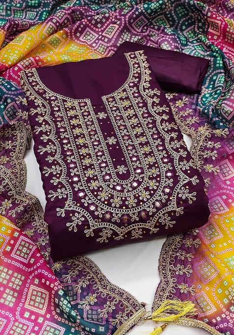 Voilet Embroidered Silk Dress Material